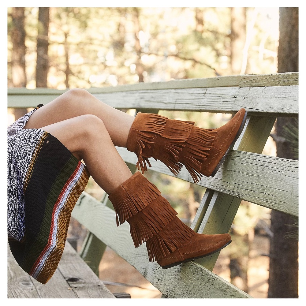 TALL SUEDE MINNETONKA MOCCASIN TRIPLE FRINGE BOOTS